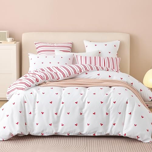 Lanqinglv Bettwäsche 200x220 Mädchen Weiß Rot Herzen Kinder Bettwäsche aus Microfaser,Herzchen ÖKO-TEX Bettwäsche Set - Weiche Bettbezug mit Reißverschluss und 2 Kissenbezug 80x80 cm