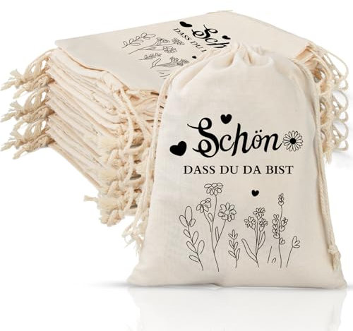 12 Stück Stoffbeutel mit Kordelzug, Baumwollsäckchen 15x20cm, Kleine Stoffbeutel, Geschenkbeutel, Hochzeit Party, Geburtstagsparty, Einschulung, Weihnachtstag(Schön Dass Du Da Bist)
