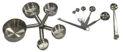 Edelstahl Messbecher & Löffel 12er-Set, inkl. 5 ineinander stapelbaren Metall-Messbecher, 5 Messlöffel mit Messlineal, Küchenhelfer zum Kochen & Backen,Dosierlöffel, Measuring cups (Silber)