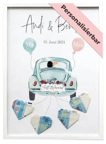 Personalisiertes Geldgeschenk Hochzeit – Hochzeitsgeschenke für Brautpaar – Hochzeitsgeschenk – Gastgeschenke Hochzeit Geldgeschenke Verpackung als Hochzeitsauto Blau - Spardose Hochzeit