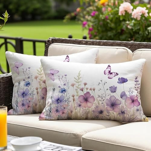 Vorysum 2er Set Outdoor Kissenbezug 30x50 cm Lila Blumen Dekokissen Wetterfest Kissen Sommer Modern Kissenbezüge für Garten Sofa Couch Wohnzimmer Schlafzimmer Doppelseitiges Muster
