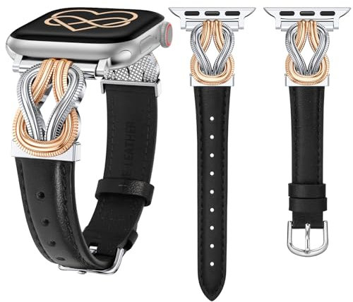 Wearlizer Leather Strap Compatible with Apple Watch Straps 40/38/41/42mm Women, Elegant Slim Dressy Strap with Celtic Knot Buckle for iWatch Series 11 10 9 8 SE 7 6 5 SE 4 3 2 1 Black/Silver&Rose Gold