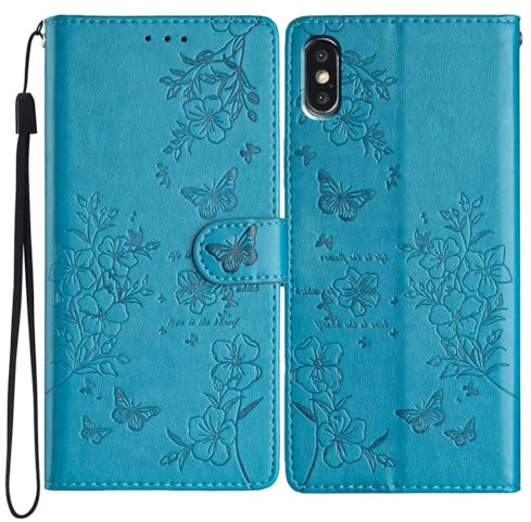 Reevermap for iPhone XS Case Flip Wallet Case Shockproof PU Leather Butterfly Magnetic Bumper Cover for iPhone X Phone Case with Kickstand Card Holder, Blue