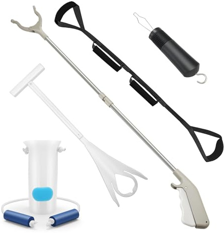 Micvtve 5 Piece Hip Replacement Recovery Aids,Sock Aids for Putting Socks On and Off,Hip Kit with Grabber Reacher,Sock Aid Device,Long Leg Lifter,Button Hook for Limited Mobility Seniors