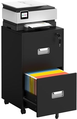 Yaheetech Schedario da Ufficio con Serratura e 2 Cassetti Bloccabili Cassettiera per Cartelle Sospese A4 Mobile Portadocumenti per Ufficio con Ruote per Studio Camera Scrivania Nero