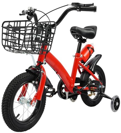 LKHDONG Kinderfahrrad 12 Zoll, Kinder Fahrrad für ab 2-5 Jahre mit Stützrädern, Tretfahrrad mit Wasserflaschen und Korb, Kinderrad Mädchen Jungen, Fahrrad Kinder Höhenverstellbares