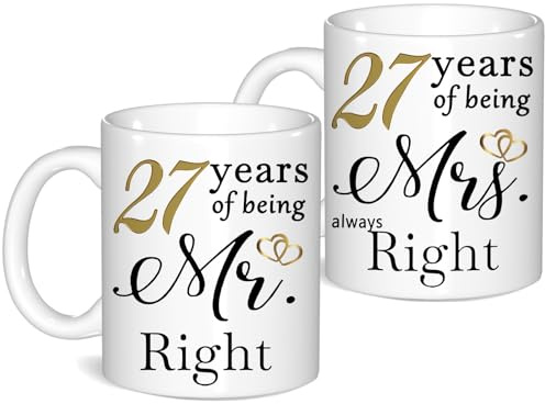 27 Year Anniversary Coffee Mugs Set of 2, 27th Anniversary Wedding Gifts for Wife Husband Parents Grandparents Men Women Him Her, 27 Year Valentines Engagement Couple Cups