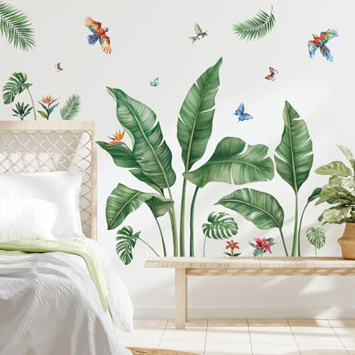 SHUCHING Large Green Leaves Wall Stickers, Tropical Plant Wall Decals, Removable Vinyl Wall Decoration Art for Living Room Bedroom Office Sofa