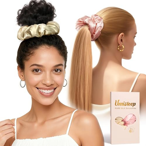 Umisleep XXL Oversized Seiden Scrunchies gegen Frizz & Haarbruch Damen | Upgraded version,100% Maulbeerseide, Sanfte Haargummis, Für dickes & langes Haar, Ohne Abdrücke, 2er Set ,Rosa & Champagner