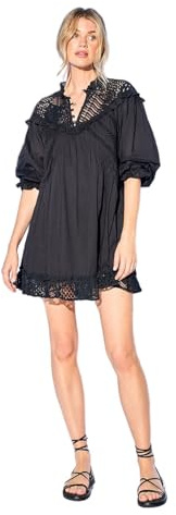 WAREHOUSE HCD Cotton Lace Insert Mini Smock Dress, 12, Black