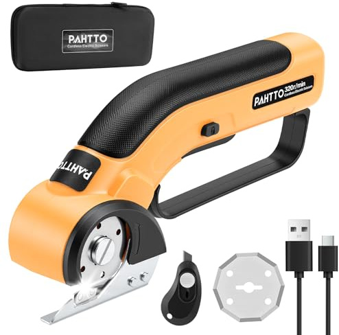 PAHTTO Ciseaux Électriques 320tr/min, Coupe-Carton Sans Fil avec Poignée | 320tr/min, lame auto-affûtée, batterie 2000mAh 40min, 0,85lbs, verrouillage sécurité, pour carton/cuir/tissu