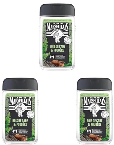 Le Petit Marseillais - Gel Douche Homme Bois de Cade & Fougère (flacon de 250 ml) – Formule 4 en 1 corps, cheveux, visage & barbe – 92% d'ingrédients d'origine naturelle et pH neutre (Lot de 3)