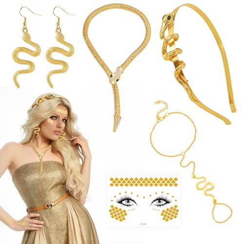 Kuvarix Medusa Kostüm Zubehör Damen, Medusa Kopfschmuck mit Schlange Haarreif Halskette Armband Ohrringe Gesichtstattoo, Griechische Göttin Schlange Kopfbedeckung Set für Karneval Halloween Cosplay