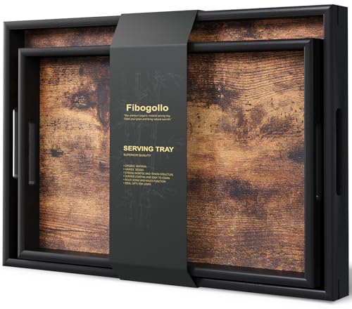 Fibogollo Set of 2 Wooden Serving Trays with Handles for Coffee Table
