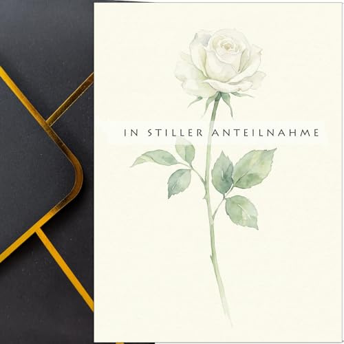 Trauerkarte „In stiller Anteilnahme“ mit schwarzem Umschlag – Edle Beileidskarte mit weißer Rose, 18 × 13 cm (1)