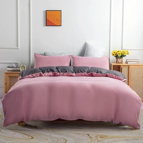 ZZTBQ Housse de Couette 280x240 cm 2 Personne, Housse de Couette Rose Poussière Microfibre, Parure de Lit Adulte réversible Gris Foncé Fermeture éclair avec 2 Taie d'oreiller -KP49