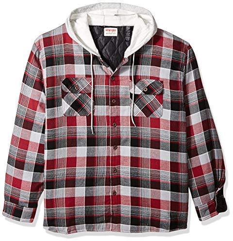 Wrangler Authentics Men's Long Sleeve Quilted Lined Flannel Shirt Jacket with Hood Button, Biking Red, Medium