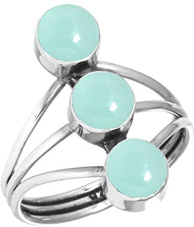 Jeweloporium Aqua Chalcedon Silberring Größe 58 (18,5), 925 Sterling Silber Ring für Damen, runder Edelstein handgefertigter Schmuck