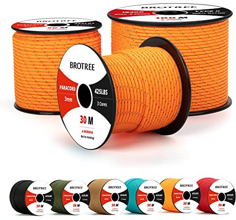 Brotree Paracord 3mm 30M 100% Nylon Seil Schnur Typ II Paracord 425 mit 3 Kern für Survival, Outdoor, Armband, Basteln - Bruchlast 192kg (Reflektierende Orange)