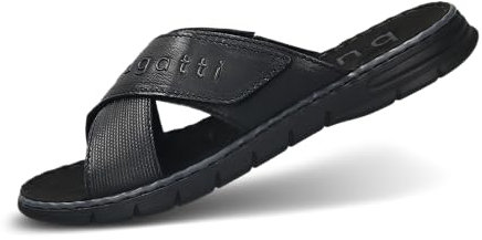 bugatti Herren Sommer Pantoletten aus Leder und Textil, Schwarz, 43 EU
