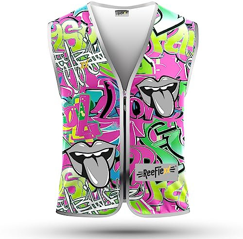 REEFLEXX Warnweste Kinder Sicherheitsweste, erhöhte Sichtbarkeit im Straßenverkehr, Schule, Fahrrad oder Auto, Graffiti Tongue - Größe M