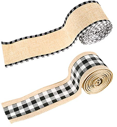 Marooma 2 Rollen Buffalo Plaid Draht Rand Bänder, 2,5 Jutegewebe Craft Bänder Wired Karo Plaid Ribbon Natural Wrapping Ribbon Rolls for Craft