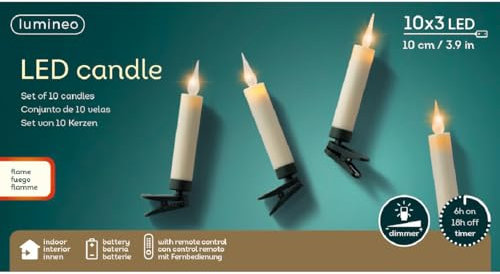 Lumineo Clip On Christmas Tree Candle Lights 10 Warm White LED Flickering Candles Battery Operated