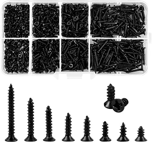 通用 800 Pcs Self Tapping Screws Assortment Kit, Cross Drive Flat Head Wood Screws, Carbon Steel, Black, M2*(4/5/6/8/10/12/16/20), 1000 Pcs