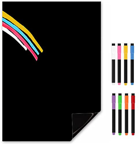 TMS Tafel-Magnet für Kühlschrank | A3 Magnetische Kreidetafel-Blatt mit trocken abwischbaren Farbkreidestiften | Schwarze Memo-Tafel für Essensplanung und Notizen [30 x 42 cm]