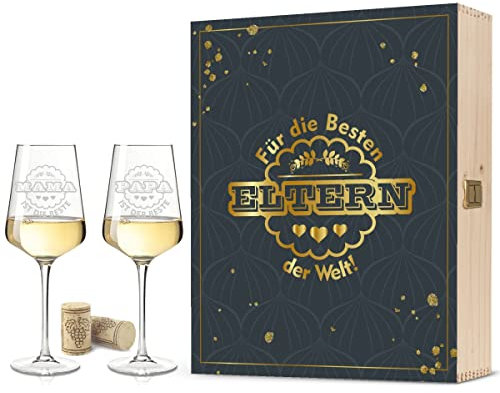 GRAVURZEILE Leonardo Weingläser mit Gravur inkl. bedruckter Holzkiste - Mama ist die Beste & Papa ist der Beste im Set - Geschenk für Mütter & Väter zu Weihnachten - Farbe: Große Kiste UV