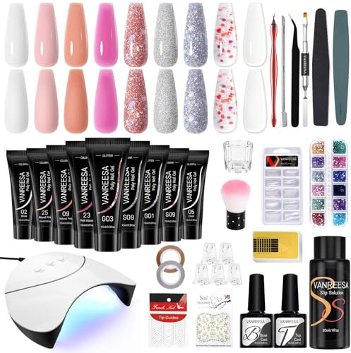 Poly Nail Gel Kit, VANREESA 9 Colours Poly Extension Gel Set with 36W U V Lamp Manicure Tools Full Kit Gifts Set for Beginners