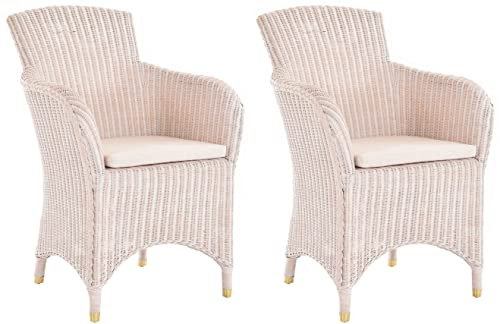 Krines Home 2er Set Esszimmersessel Rattan Esszimmerstuhl mit Armlehne Rattansessel Korbstuhl Esszimmer Sessel (Vintage Weiss)