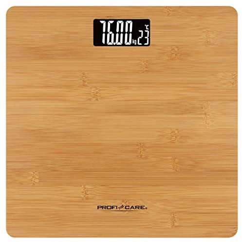 ProfiCare PC-PW 3103 Personenwaage aus echtem Bambus, Personenwaage digital mit gut ablesbarem LCD-Display inkl. Raum-Temperatur-Anzeige, Waage-Messbereich 5-180kg, Holz-Oberfläche