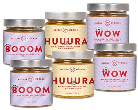 Hofgut Stöcken |Genießerpaket Curry Trio vom Testsieger|6x 330ml Bio-Fertiggerichte im Glas für Topf & Mikrowelle |Bio-Thaicurry (vegan) |Bio-Kartoffel-Paprika-Curry |Bio-Hackbällchen in Linsencurry