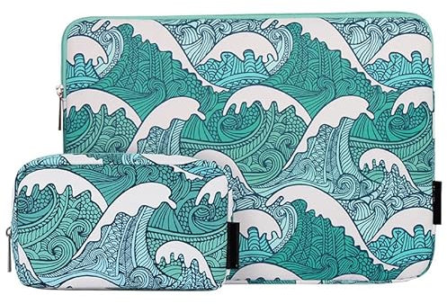 ZhuiKun Housse Imprimé Vague Résistant à l'eau 14 Pouces Laptop Sleeve Sac en Toile Sacoche pour Ordinateur Portable avec Petite Pochette (Vert)