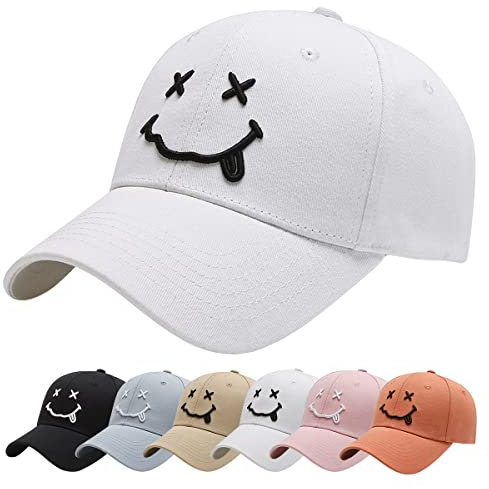Baynetin Baseball Cap Classic Baumwolle Stickerei Baseballkappen Gestickte Lächeln Verstellbar Sonnenschutz Basecap für Herren Damen, Sportlicher Draußen Kappen Hüte (Weiß)