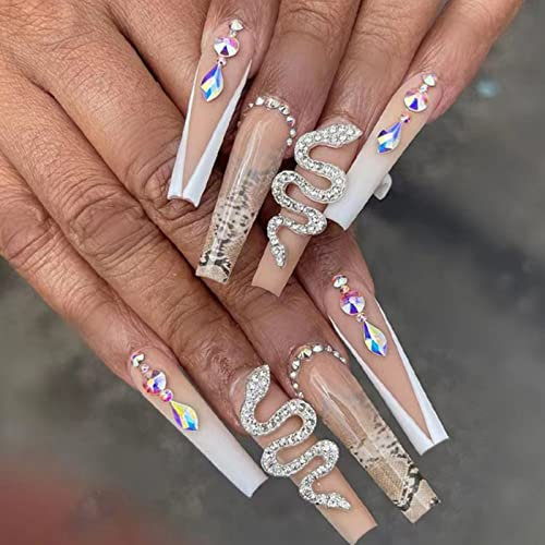JUSTOTRY 24 Stück Coffin 3D Nägel Zum Aufkleben Lang mit Snake,Weiß French Press on Nails, Ballerina Kunstnägel Künstliche Nägel,Diamante Fingernägel Fake Nails Mittel für Frauen