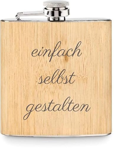 Edelstahl Flachmann 200 ml silber inkl. individuelle Gravur in Schwarz - personalisiertes Geschenk für Geburtstag, Weihnachten, Vatertag, Trauzeugen - 5 Zeilen (Holz)