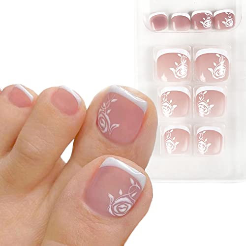 24PCS Faux Ongles de Pied Courts Sticker Orteil Nail Art Couverture Complète Avec Autocollant à Ongles Accessoires Bricolage Ongle Artificiels Carrés avec Colle Cadeau Femme Fille Motif rose