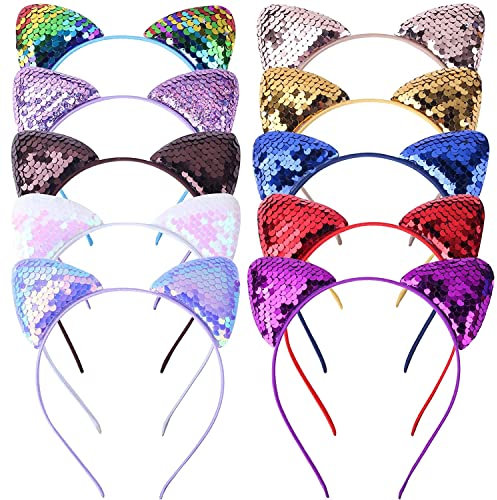 YSTrillion Hair Clip,10 Stücke Pailletten Katze Katzenohren Stirnband, Haarreifen mit Katzenohren,Stirnband Haarband Für Frauen Mädchen Tägliche Leben Party