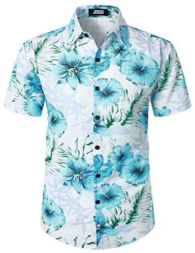 JOGAL Mens Flowers Casual Aloha Hawaiian Shirt Short Sleeve Beach Shirt WhiteHibi Large