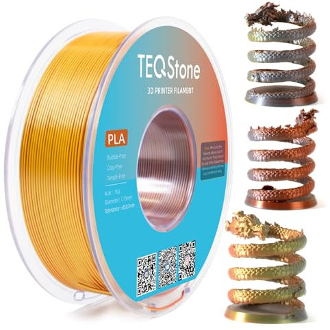 TEQStone Dreifarbig Silk PLA Filament 1.75mm 1KG, Hochglänzende Oberfläche, Nahtlose Farbübergänge, Sauber Gewickelt Maßgenauigkeit +/-0.02mm Vakuumverpackung Gold Silber Kupfer