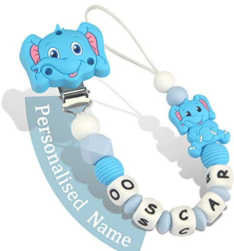 Schnullerkette mit Namen Jungen mädchen Personalisiert Schnullerclip Elefant(Blau)