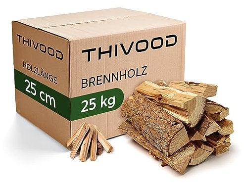 THIVOOD Brennholz 25 cm Fichtenholz - sehr trockenes Feuerholz inkl. Anzündholz - 25 KG Premium Holz mit unter 18% Restfeuchtigkeit - Ofenfertiges Kaminholz für Zuhause & Outdoor