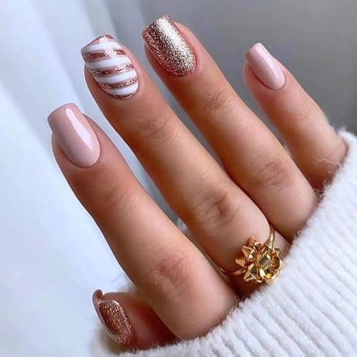 24Pcs Noël Faux Ongles French Carré Court Press on Nails Artificiels Bâton sur Ongles Rayures Roses Ongles à Coller Acrylique Faux Ongles Autocollants Reutilisable pour Femmes et Filles