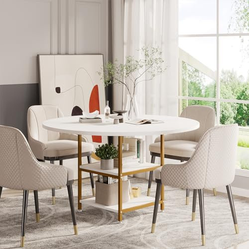 Tribesigns Ronde Table de Salle à Manger, Table de Salle à Manger pour 4 Personnes, 120 x 75 cm (diamètre x H), Style Industriel, Table de Cuisine en Bois pour la Maison, Le Salon, Or et Blanc