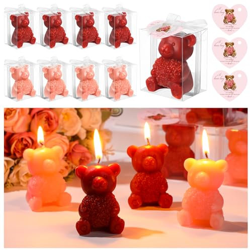 Dansib 50 Pcs Valentine's Day Bear Candle Bulk Rose Bear Candle Gifts Boxed Cute Bear Candle with Blessing Cards for Valentine's Day Proposal Birthday Guests Bridesmaid Girlfriend