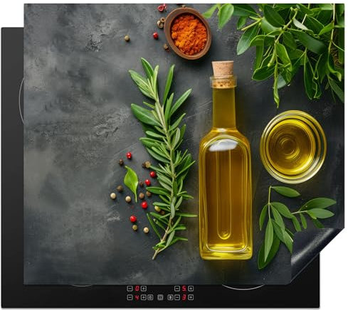 KitchenYeah© Protection Pour Plaque Induction 59x52 cm Deco Cuisine Protégé Cache De Cuisson Vitroceramique Tapis Huile d'olive - Béton - Feuilles - Herbes - Poivre