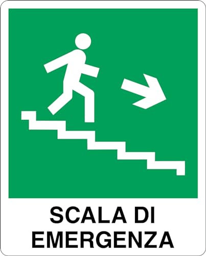 GLOBAL CARTELLO SEGNALETICO - SCALA DI EMERGENZA DISCESA DESTRA - Adesivo Resistente, Pannello in Forex, Pannello In Alluminio (20x31 cm, Adesivo)