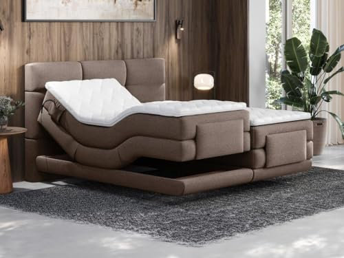 Vente-unique-Boxspringbett mit gestepptem Kopfteil + elektrischem Untergestell mit Relaxfunktion + Matratze + Topper - 2 x 80 x 200 cm - Stoff - Braun - LODI von Palacio